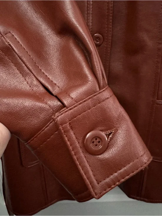 Vintage Brown Faux Leather Belted Jacket Womens M Western Shacket - Picture 4 of 11